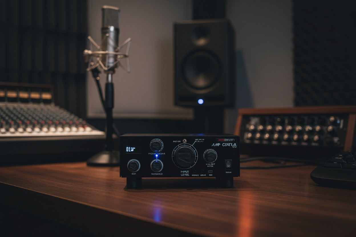 Professional studio setup for silent guitar recording, featuring a RedSeven reactive load box connected to a boutique tube amplifier with glowing tubes.