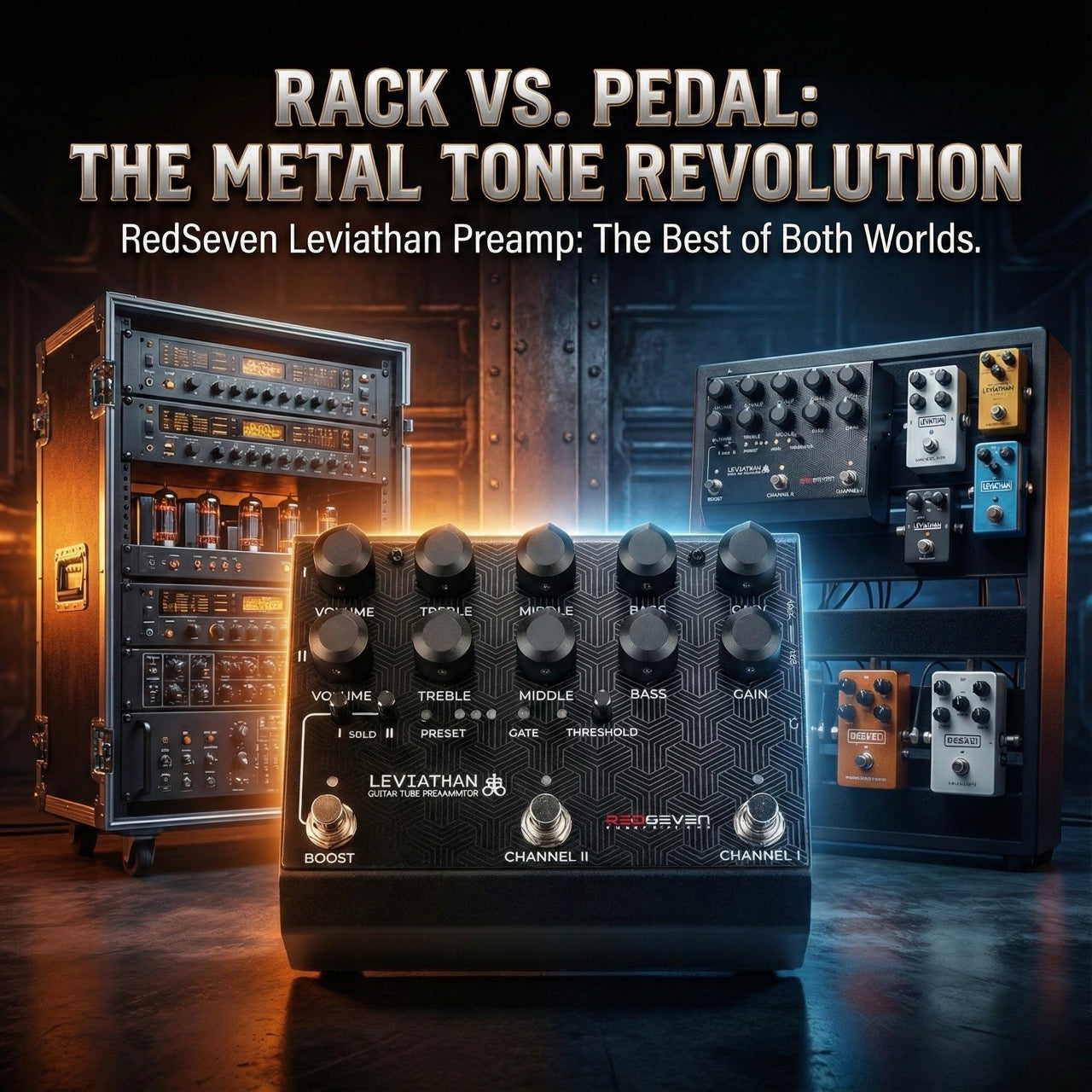 Comparison image showing a traditional guitar rack system versus a modern pedalboard setup, featuring the RedSeven Leviathan tube preamp pedal as the revolutionary solution for metal guitarists.