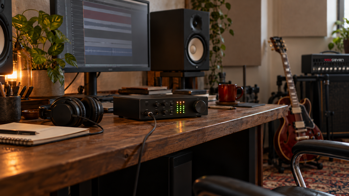 Audio interface level indicators on a recording desk with a RedSeven amplifier in the background