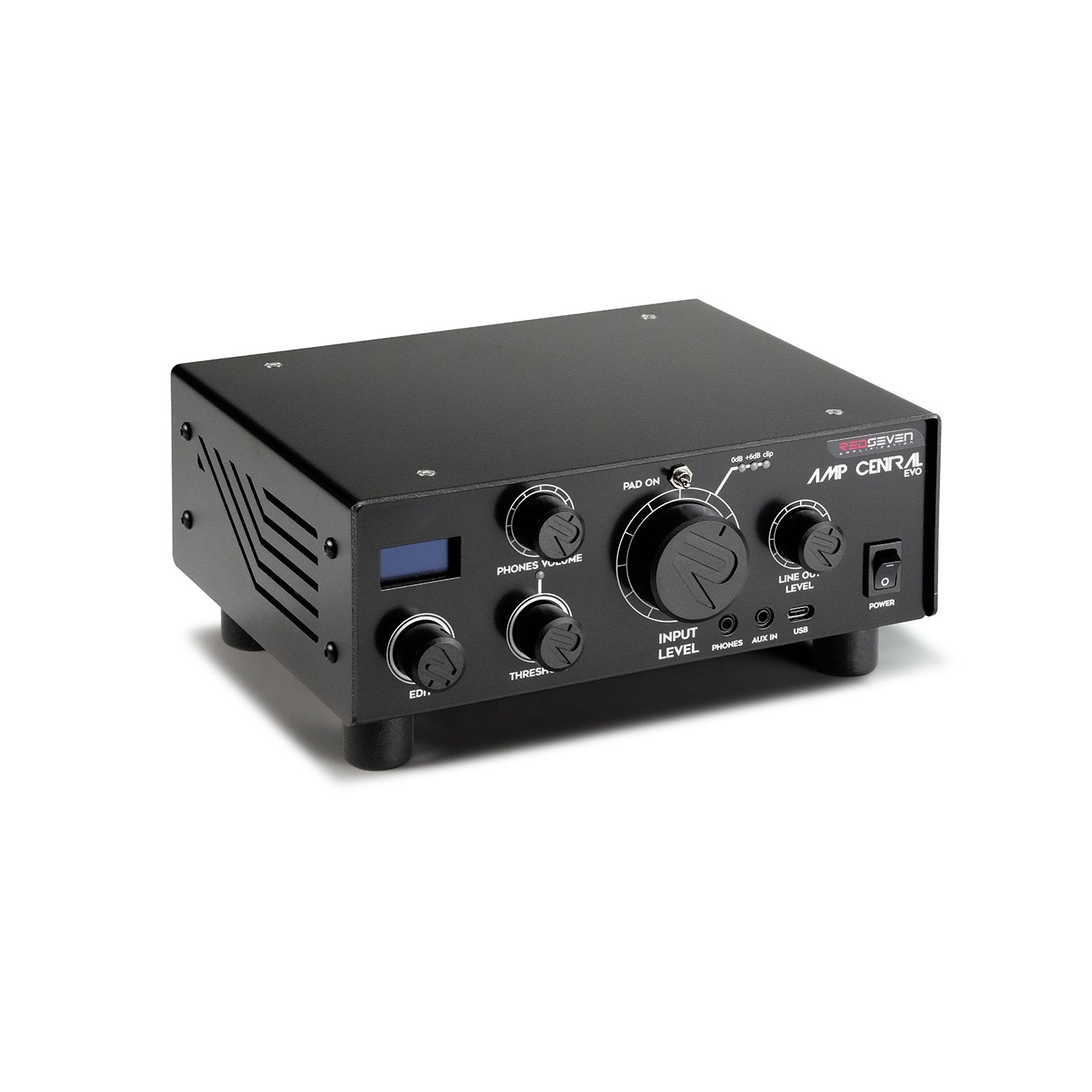 Three-quarter front angled view of the RedSeven Amp Central EVO showing input and control knobs