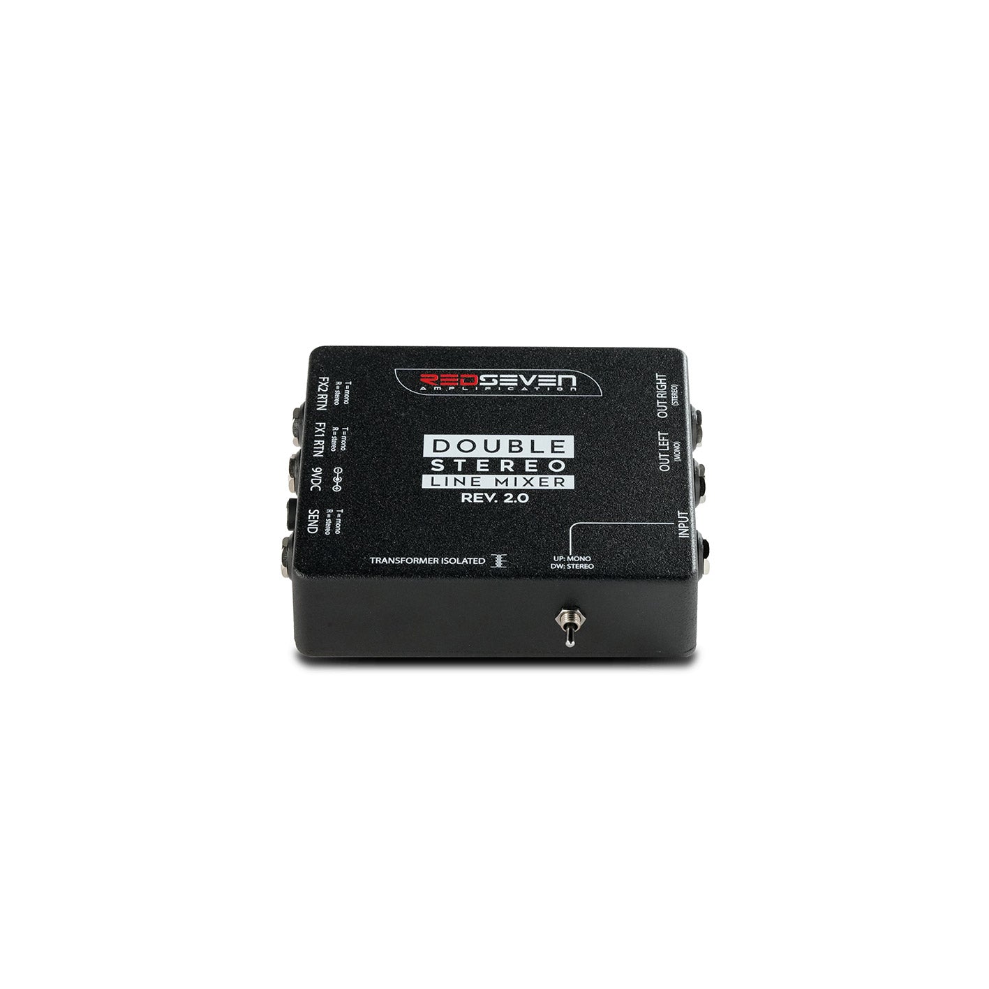 Top front view of the RedSeven Double Stereo Line Mixer Rev. 2.0 showing input, output, and power connections