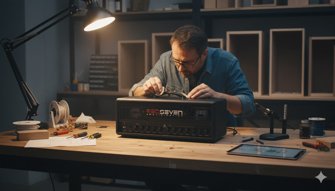 A Redseven craftsman takes care of the final details of the Leviathan amplifier.