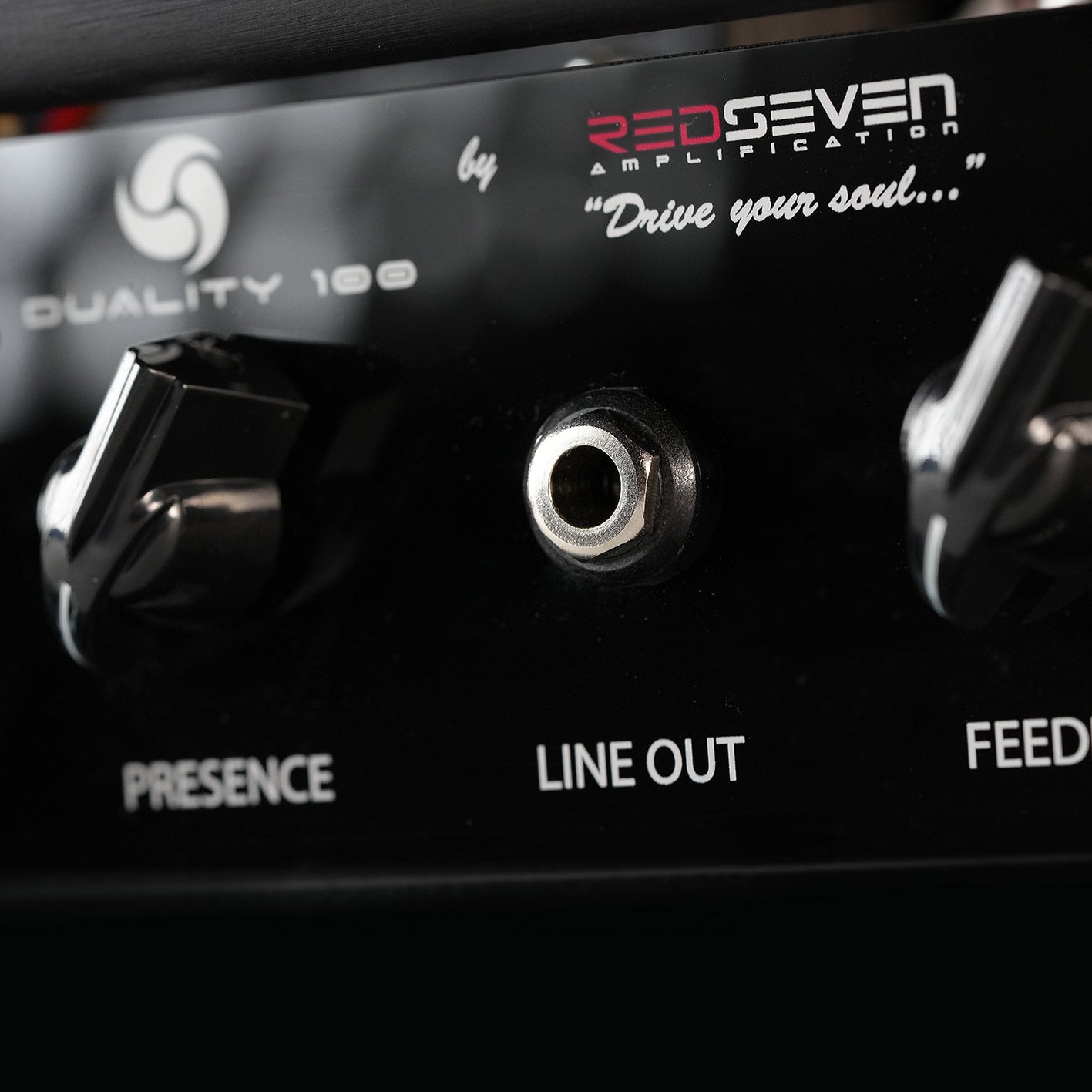 Close-up of Duality 100 RS line out jack and labeling