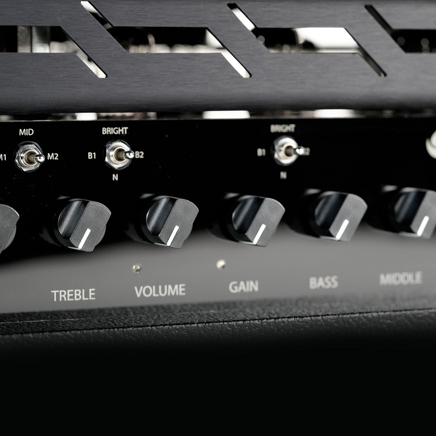 Close-up of channel and mode buttons on the RedSeven Duality RS amp