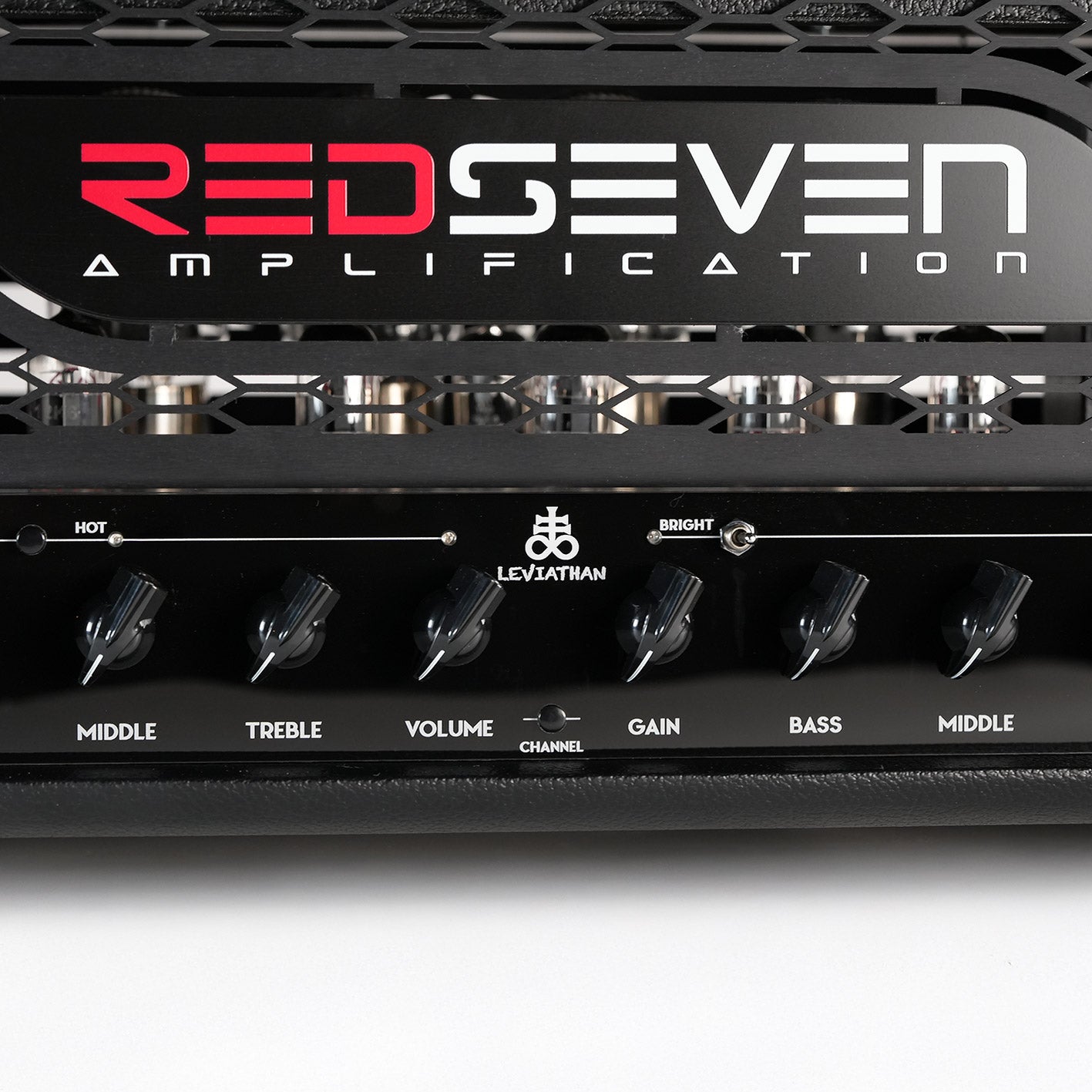 Detail of RedSeven Leviathan front panel logo and channel controls