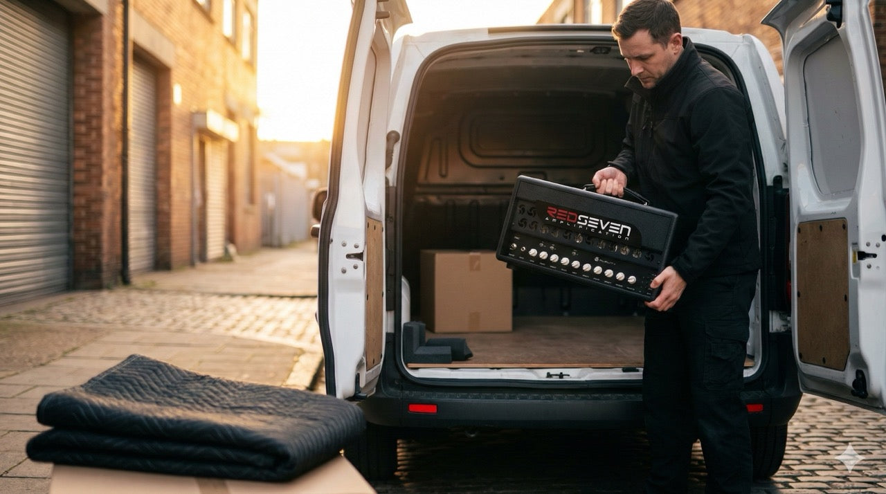 A courier carefully loads a Red Seven Amplification Duality boutique guitar amplifier head into the back of a delivery van at sunset. The Italian-made amp with its prominent red logo is being placed near a padded blanket in the cargo area, with an industrial brick alley in the background.