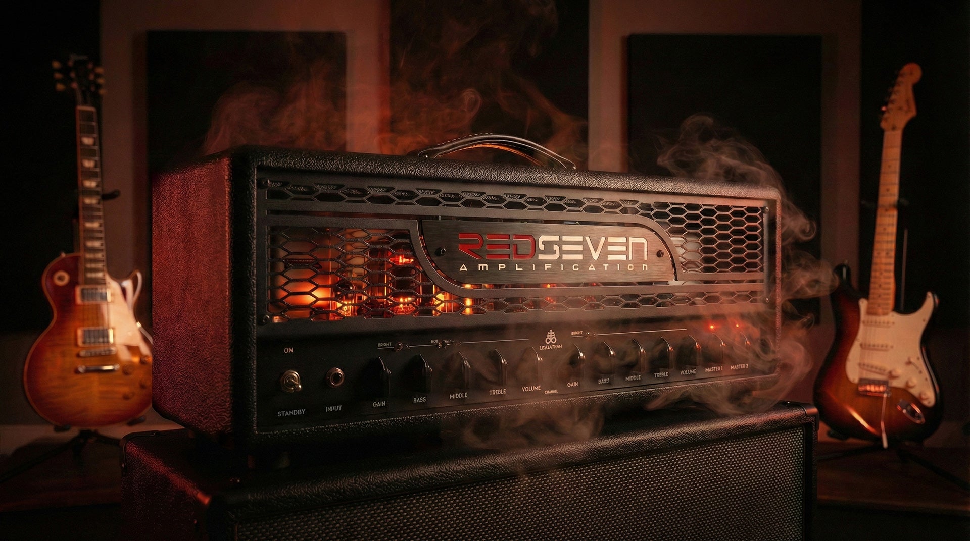 RedSeven boutique guitar amplifier in premium recording studio, cinematic lighting and glowing vacuum tubes