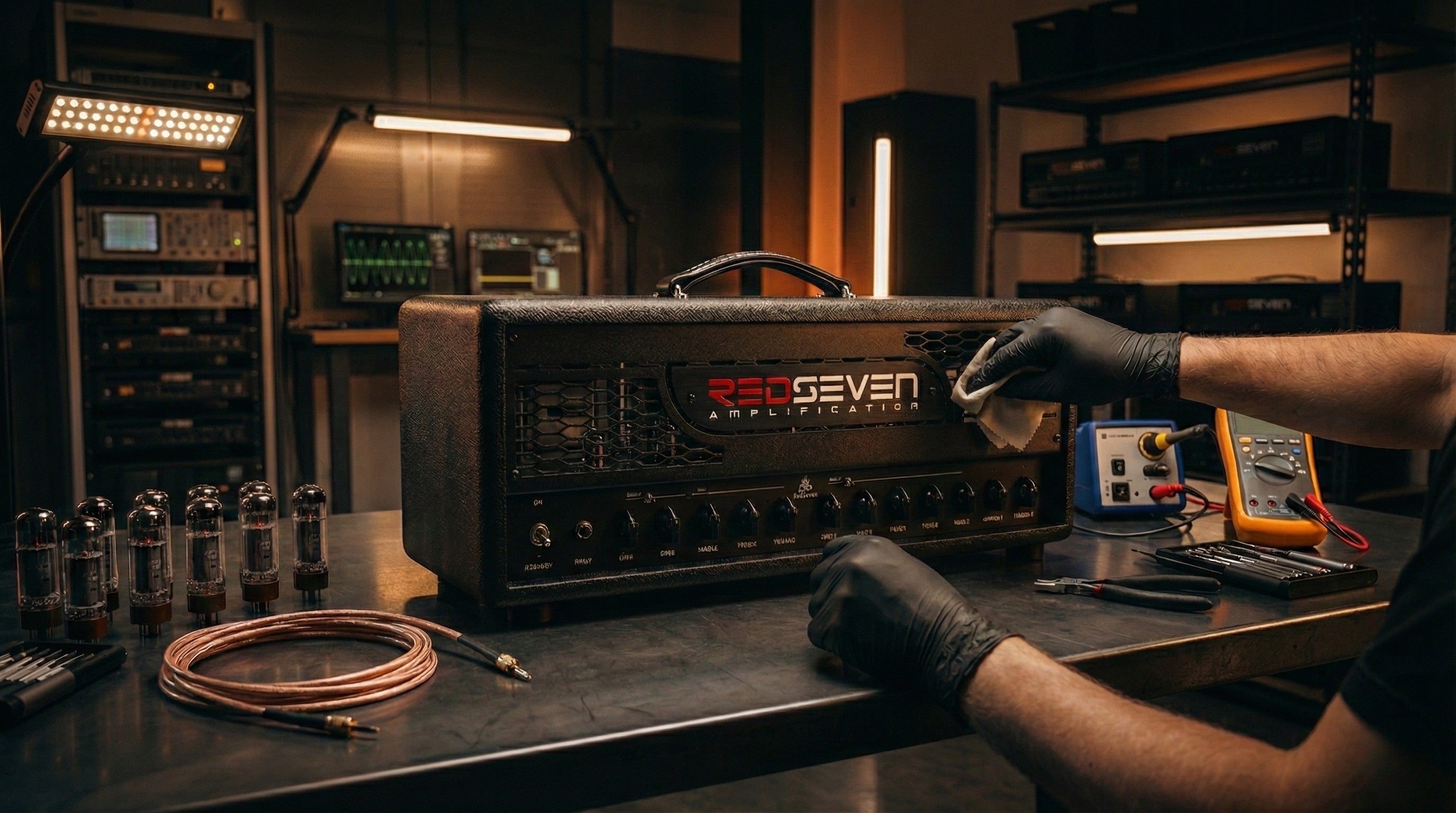 RedSeven handcrafted guitar amplifier being built and tested in a modern Italian workshop