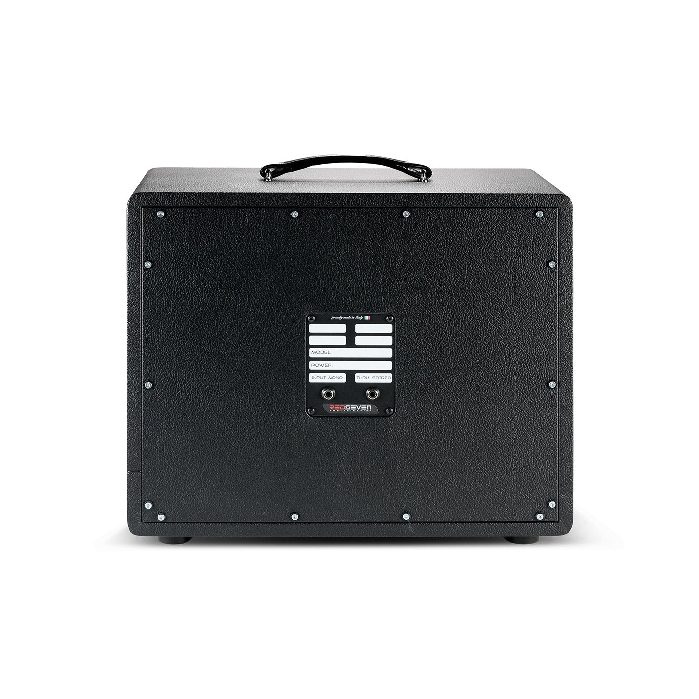 Back panel of RedSeven guitar cabinet with input and power labels