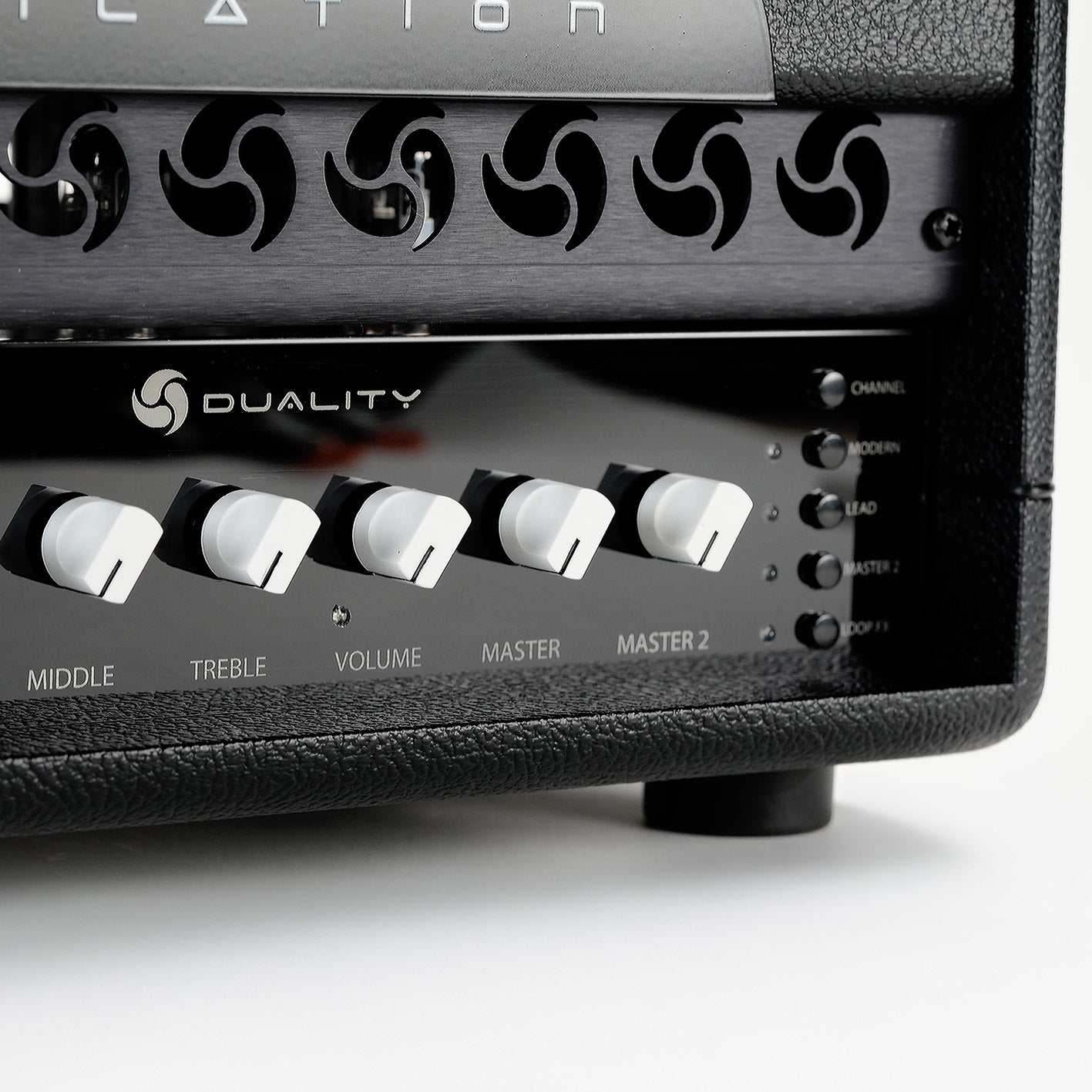 Close-up detail of the RedSeven Duality amplifier knobs and labels