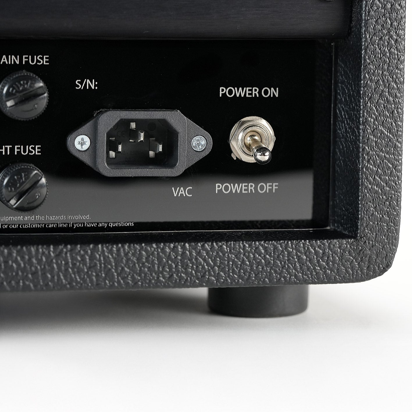 Close-up of the RedSeven Duality amplifier power switch and power input