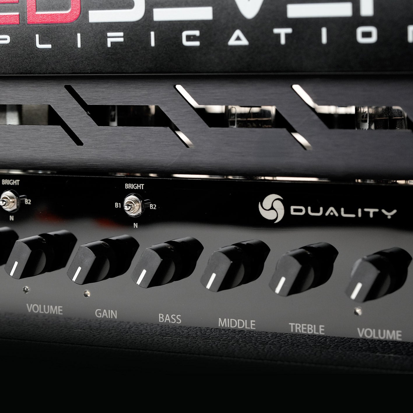 Close-up of Bright and Mid switches on the Duality RS amplifier