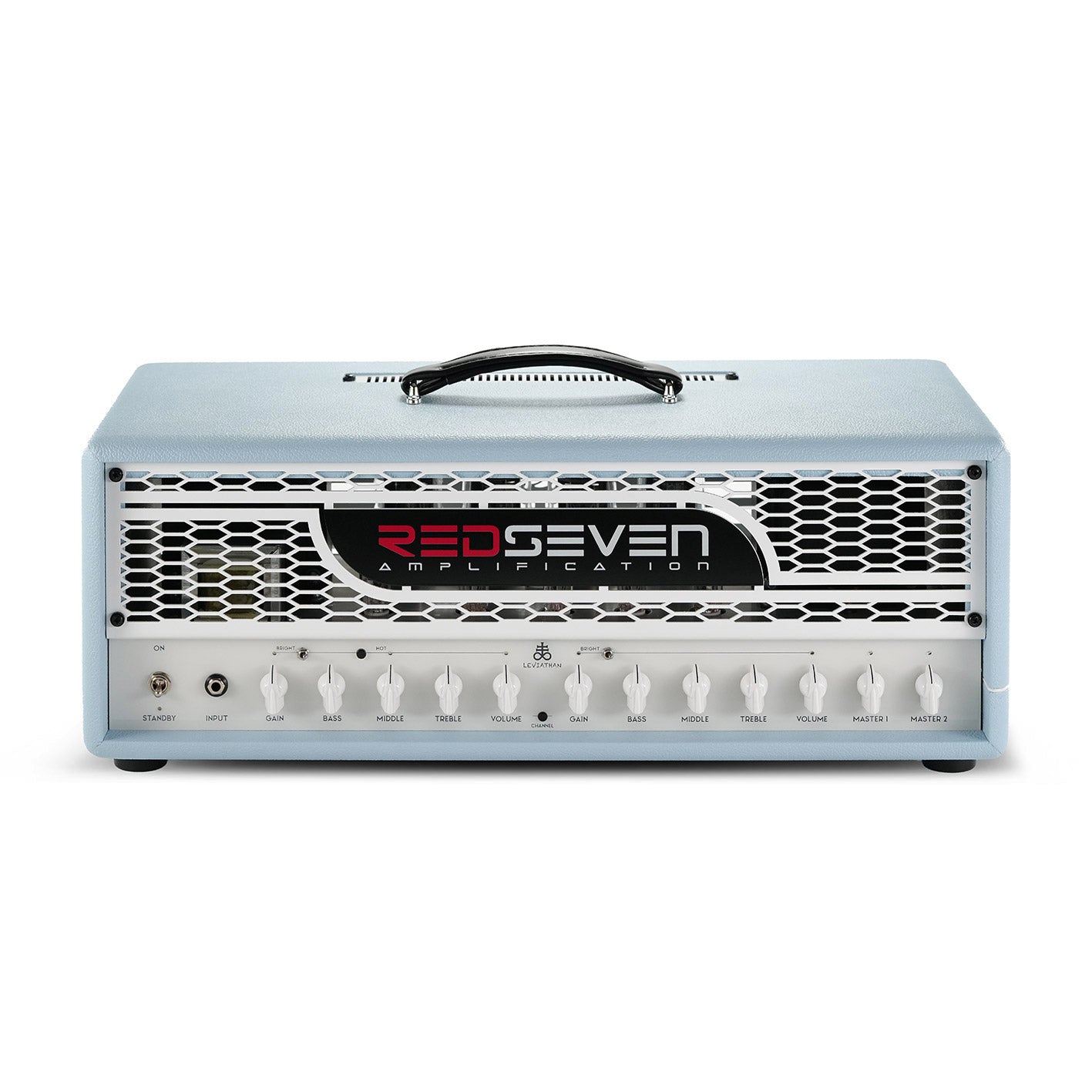 RedSeven Leviathan Celeste Edition — 120W KT88 tube amp head, front view, powder blue tolex with white panel and chrome grill
