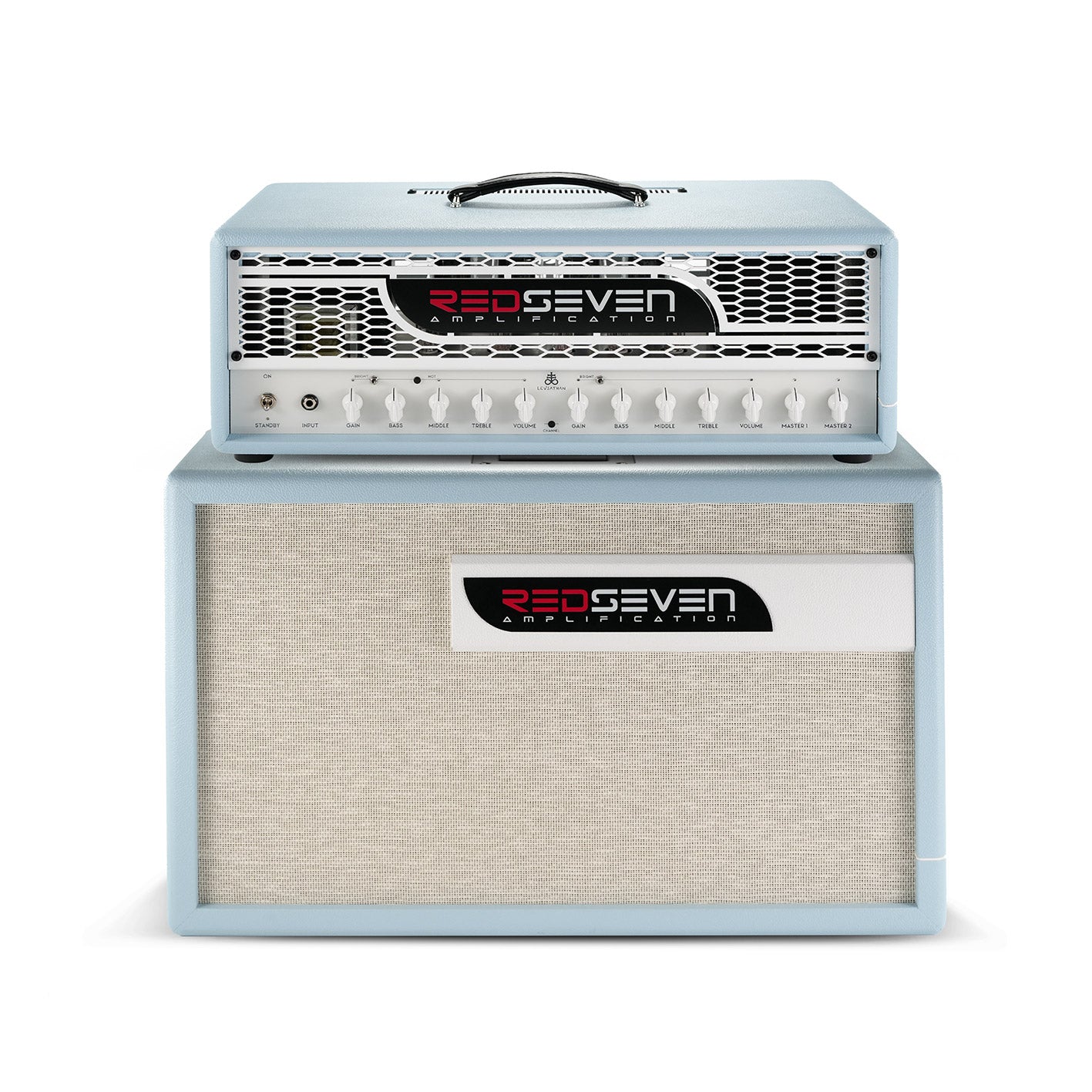 RedSeven Leviathan Celeste Edition Matched Rig — 120W KT88 tube amp head and EVO 2×12 cabinet in coordinated celeste blue finish, complete set
