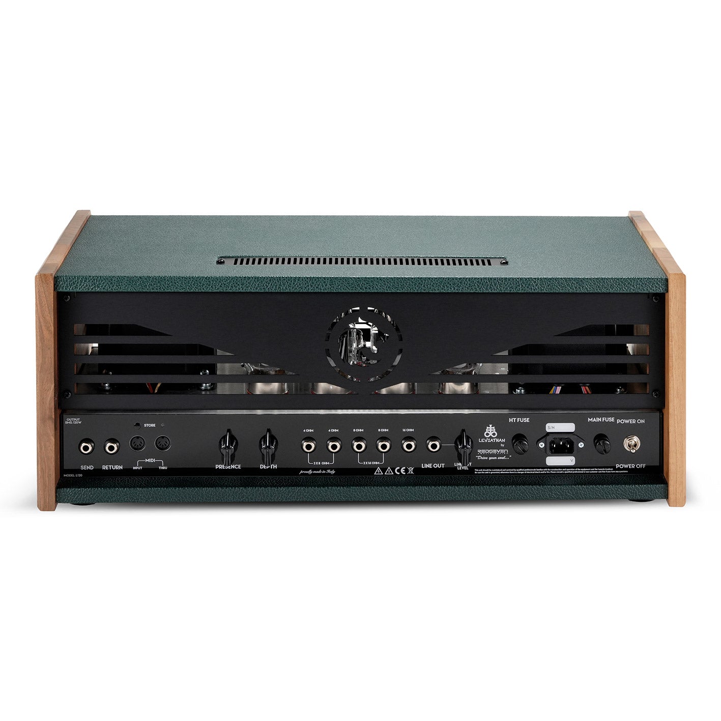 Leviathan Forest Edition — full rear panel view, speaker outputs, FX loop, MIDI connections and tube section