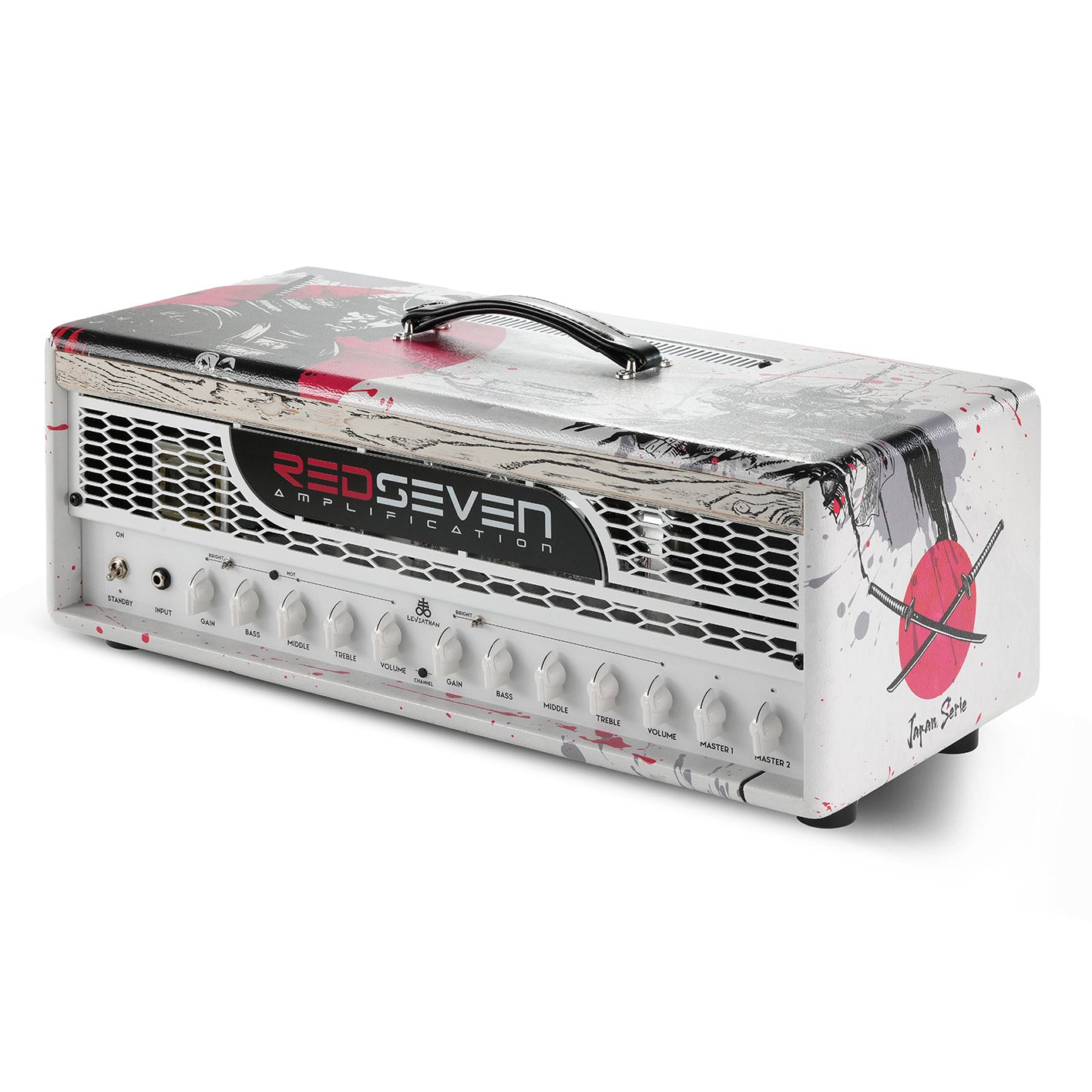 RedSeven Leviathan Japan Serie Bushido Edition — 120W KT88 tube amp head, full angled view, samurai ink art on white finish