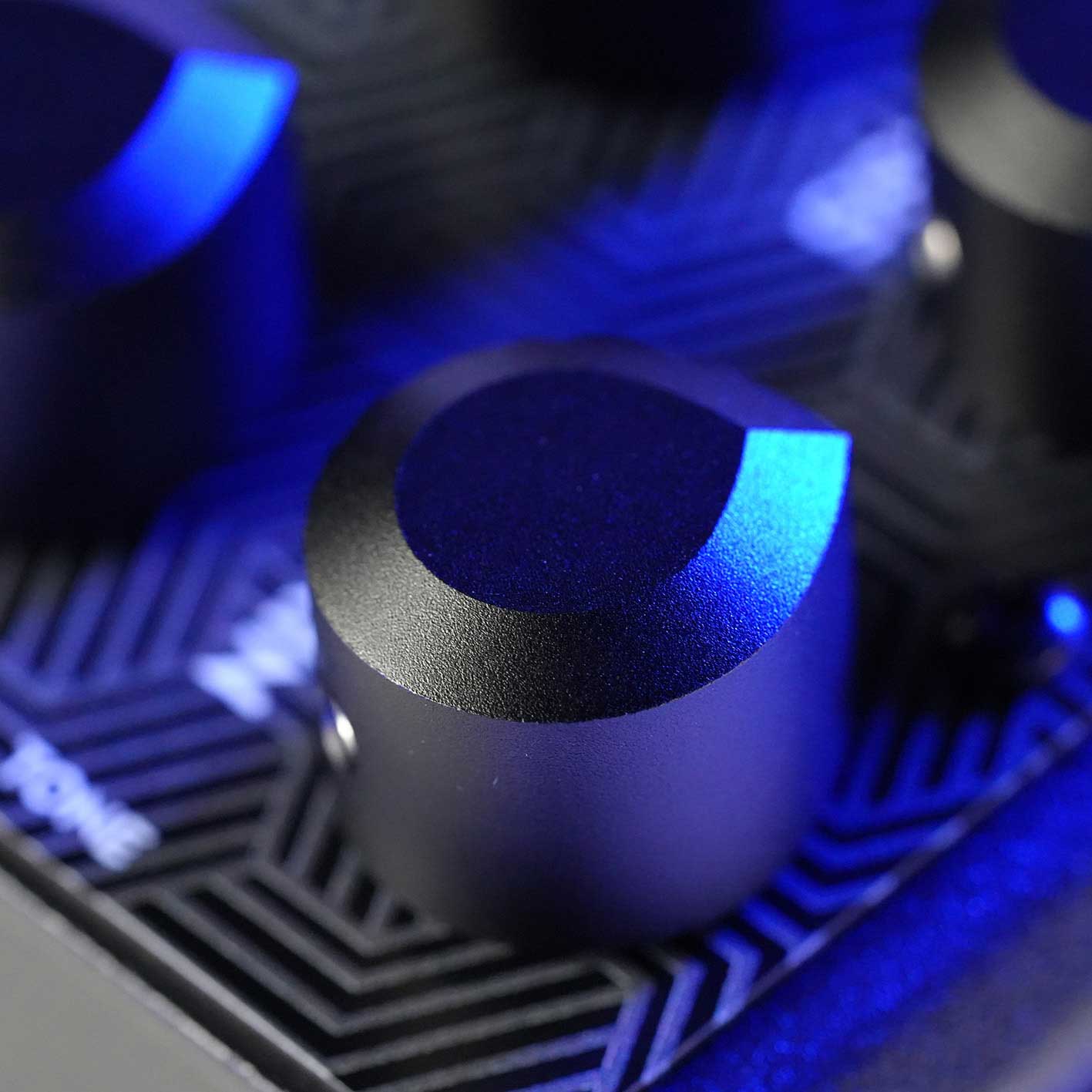 Close-up of RedSeven Leviathan Preamp Pedal controls showing gain, EQ, and preset knobs