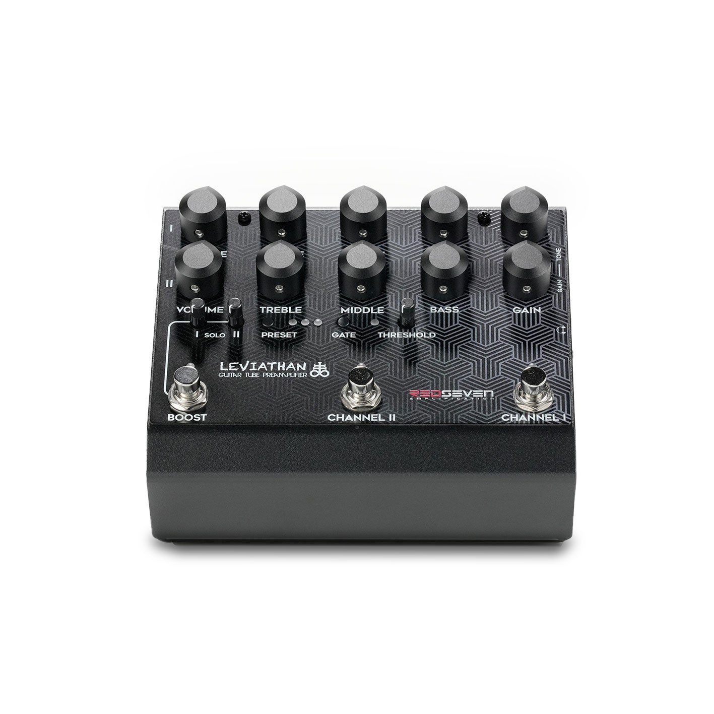 Leviathan Preamp Pedal by RedSeven Amplification, front view showing controls and layout