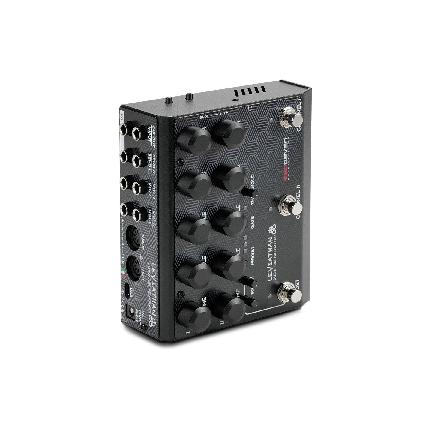 Top control section of RedSeven Leviathan Preamp Pedal featuring EQ and gate knobs