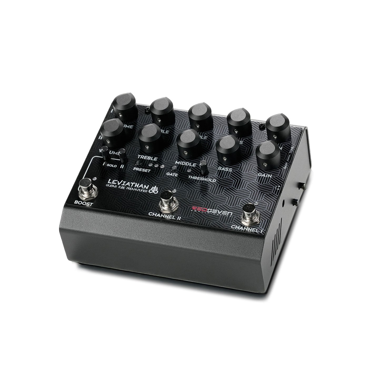 RedSeven Leviathan Preamp Pedal right three-quarter perspective with visible footswitches and dials