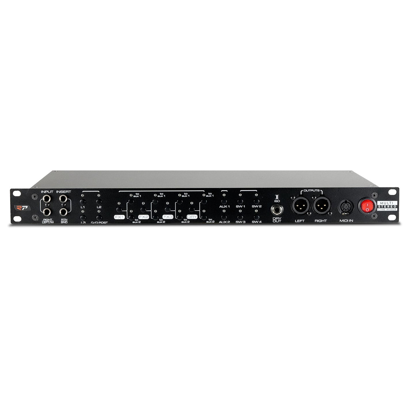 RedSeven Multi Stereo Line Mixer front view rack stereo mixer for guitar and studio setups