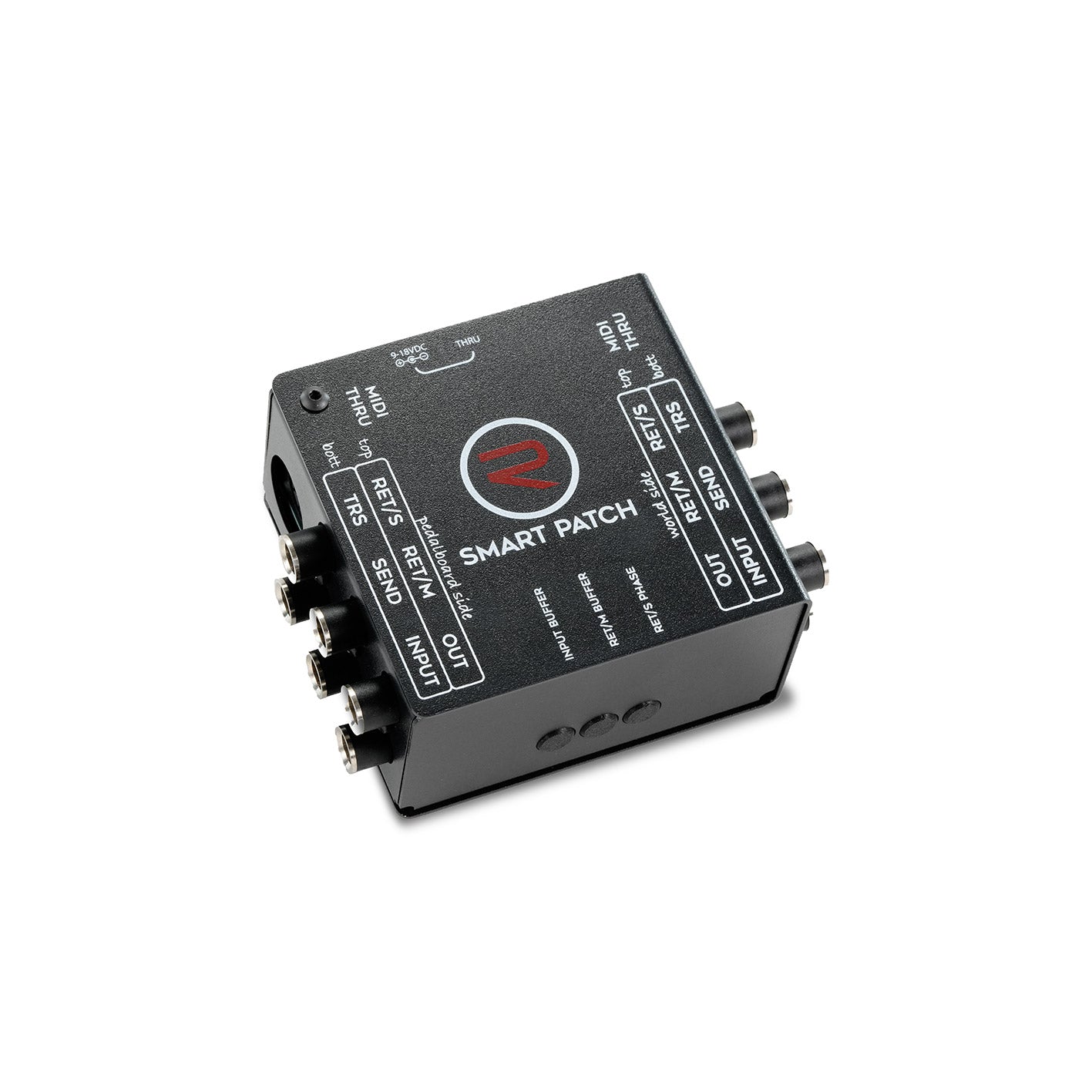 RedSeven Smart Patch pedalboard routing hub – angled view showing dual-side connections and logo
