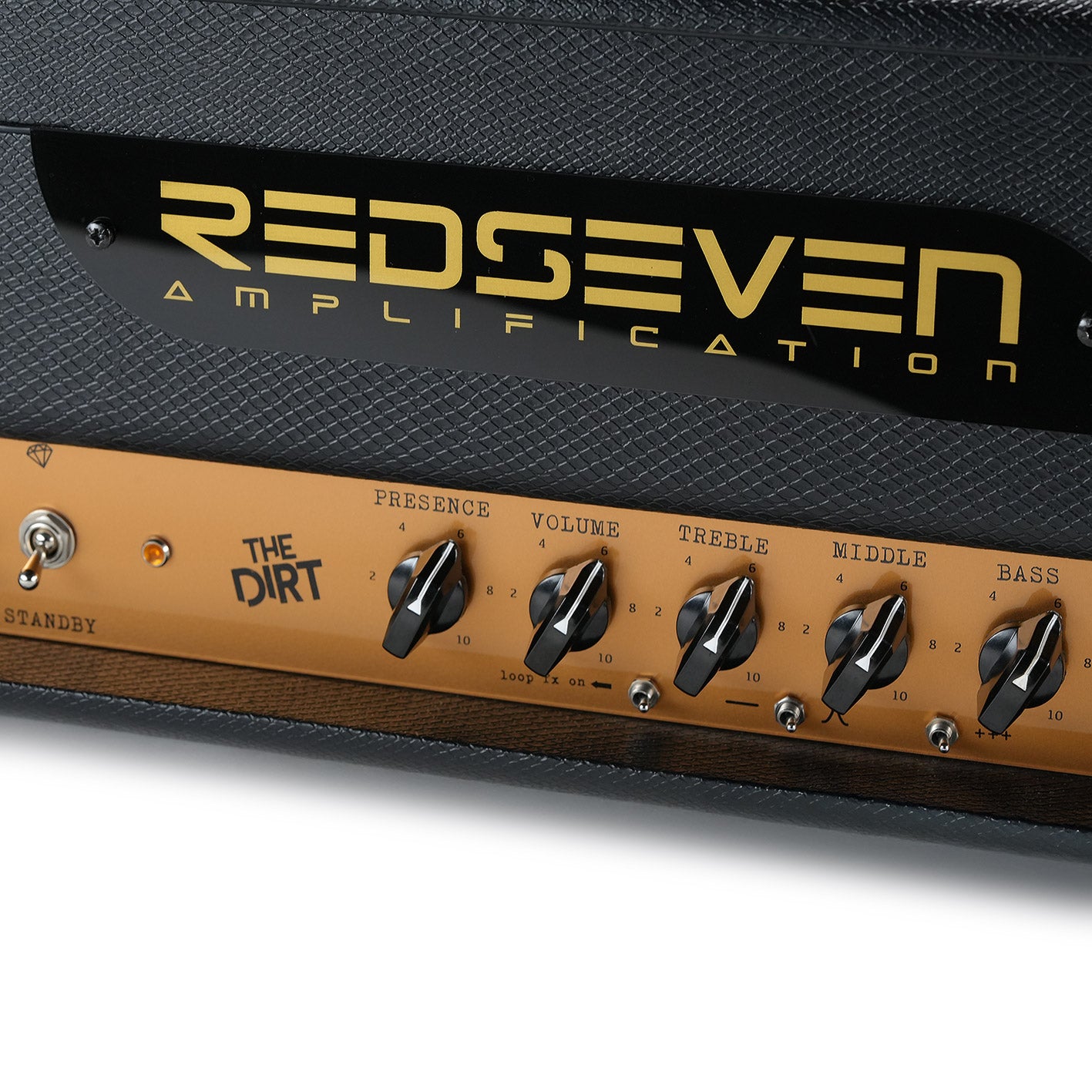 RedSeven The Dirt control panel close-up – Presence, Volume, Treble, Middle, Bass
