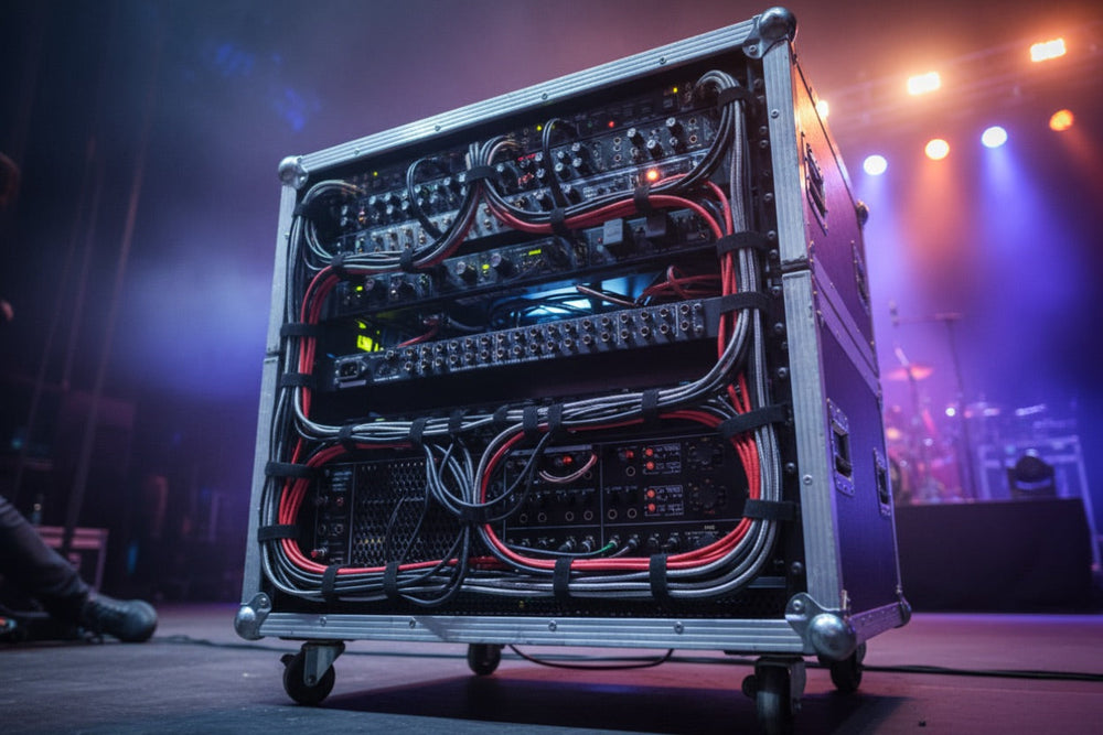 A professional touring guitar rig side-stage, with a glowing rack of equipment featuring the RedSeven Multi Stereo Line Mixer.