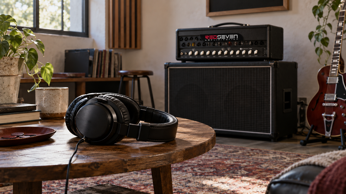 Headphones on a studio table with a RedSeven Duality 100 amplifier and guitar cabinet in the background