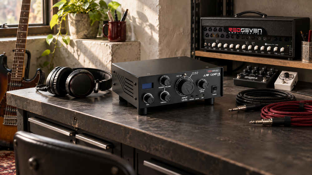 RedSeven Amp Central EVO on an audio workbench with headphones and spare cables