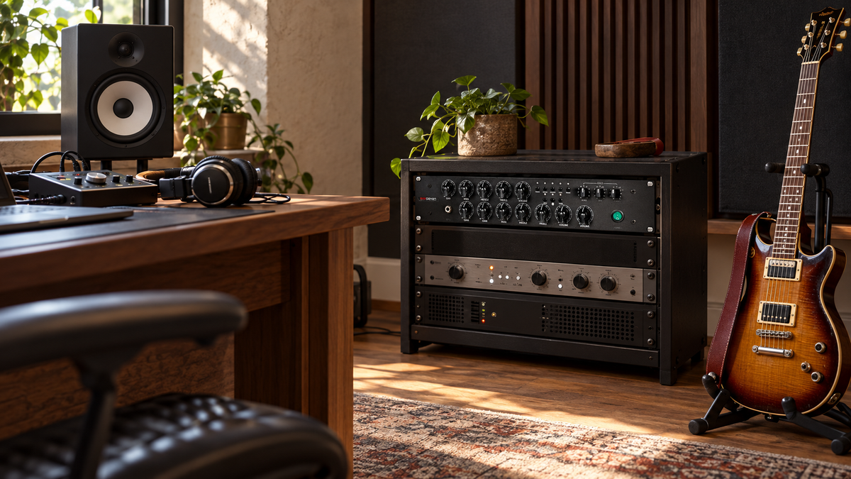 RedSeven D100PRE in a studio rack beside a recording desk and electric guitar