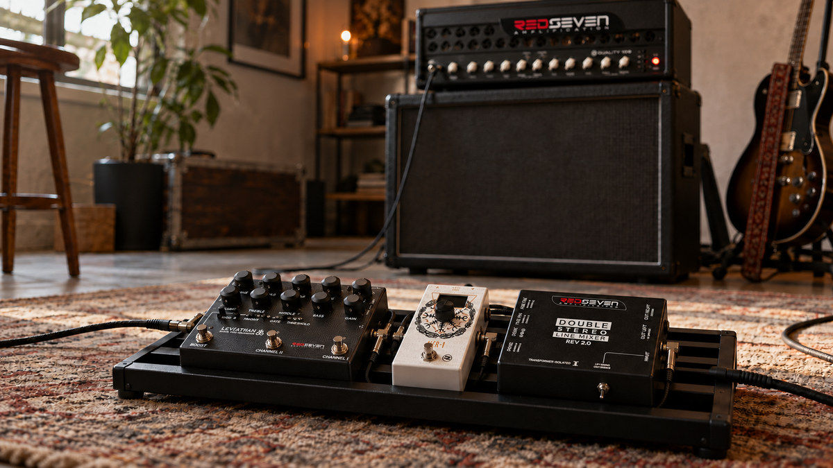 Pedalboard with RedSeven Leviathan Preamp, NGR-1 and Double Stereo Line Mixer in front of a Duality amplifier