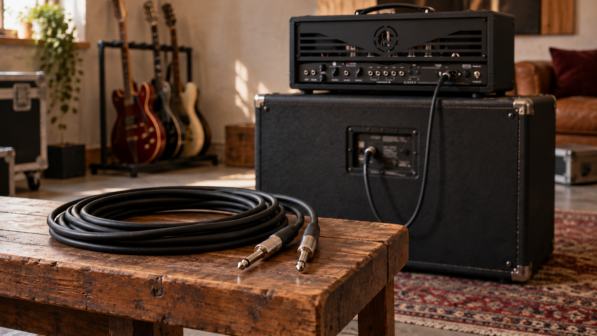 Speaker cable on a workbench with the rear of a RedSeven amplifier and cabinet behind it