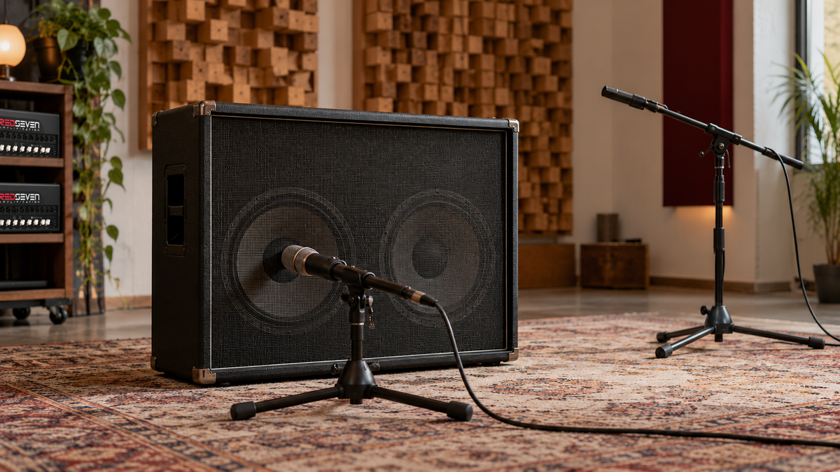 Guitar cabinet with microphones in a recording studio and RedSeven amplifiers in the background