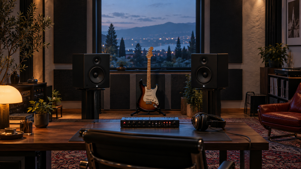 Guitar between two studio monitors in a recording room with an effects processor on the desk
