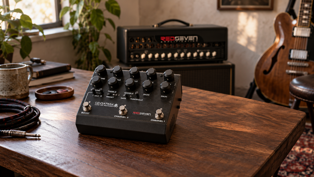 RedSeven Leviathan Preamp Pedal on a studio desk with a Duality amplifier in the background