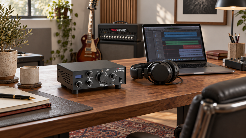 RedSeven Amp Central EVO on a recording desk beside headphones and a laptop