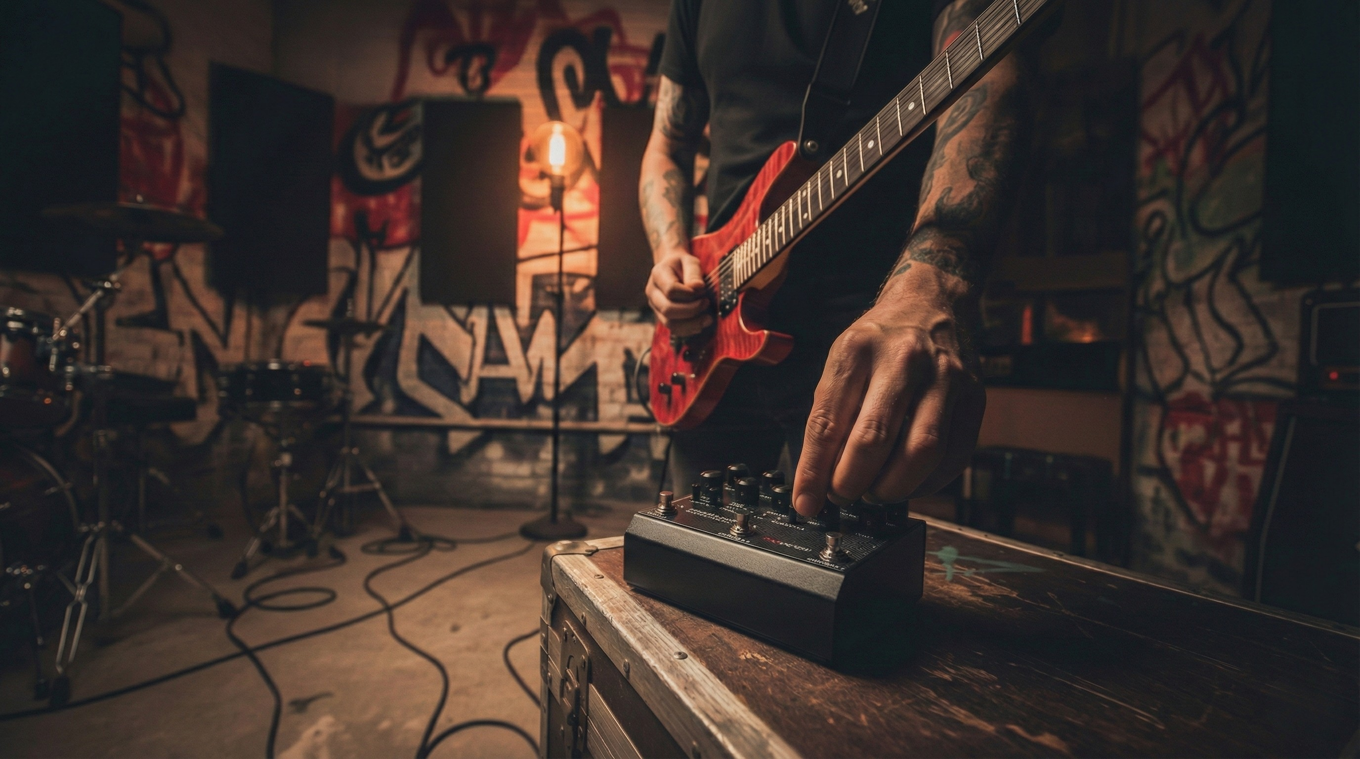 uitarist adjusting a black Leviathan preamp in an urban studio, with a red electric guitar.