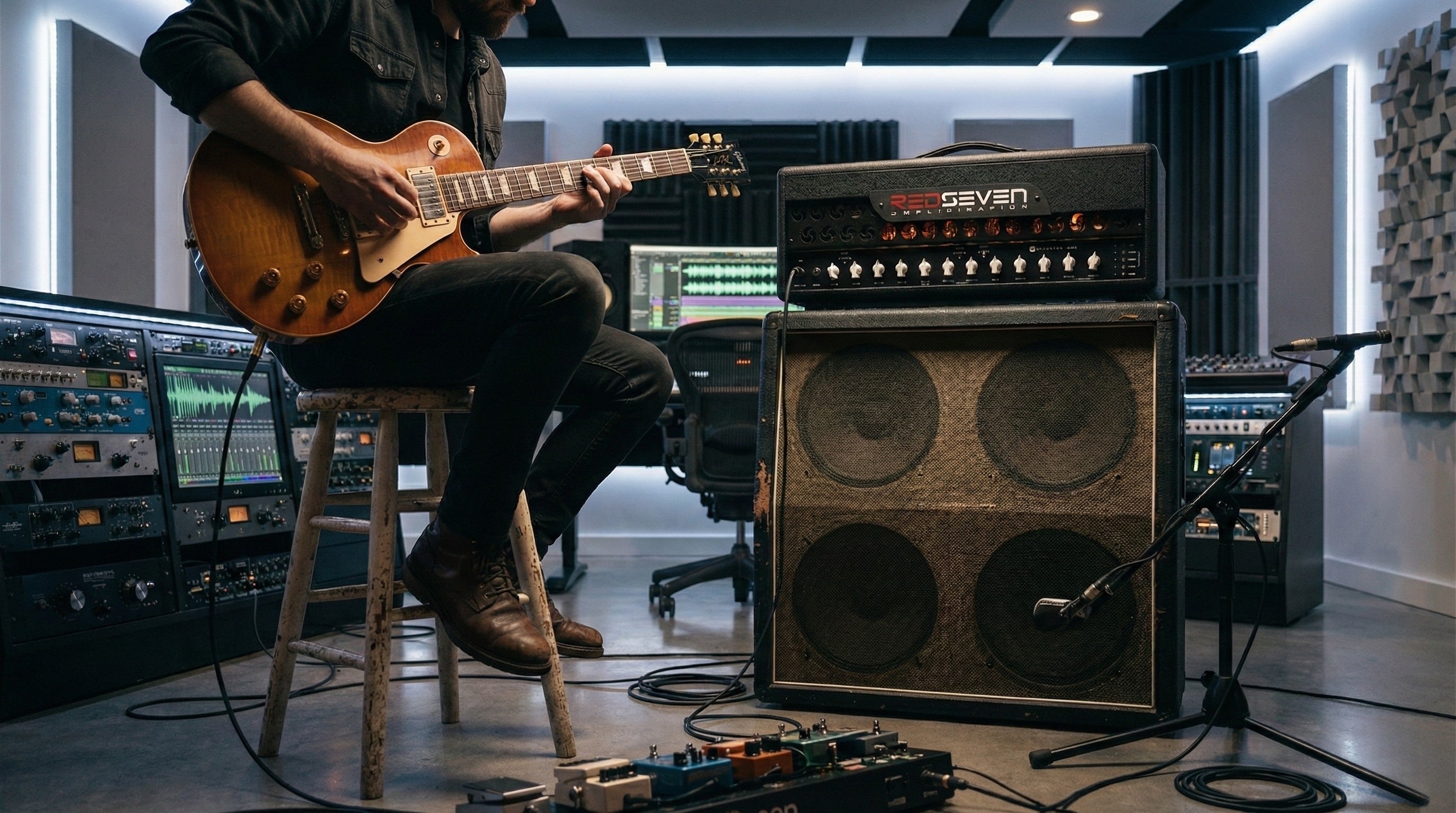 Guitarist recording with a RedSeven guitar amplifier and 4x12 cabinet in a professional studio