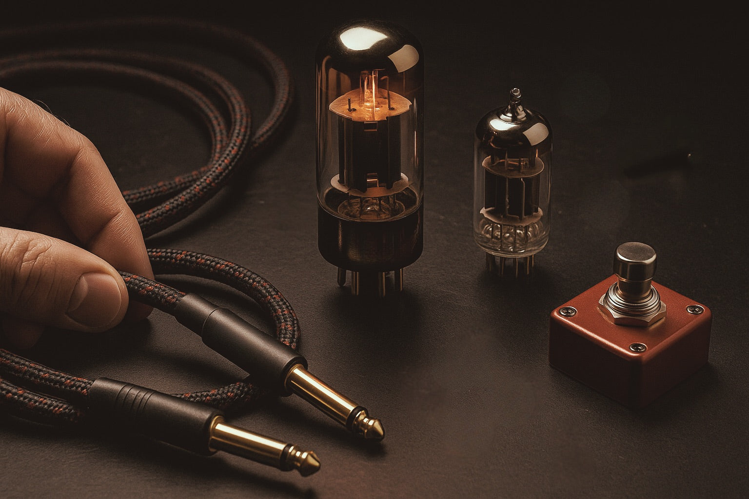 RedSeven Parts & Accessories – handcrafted guitar amp components, cables and vacuum tubes on a workbench