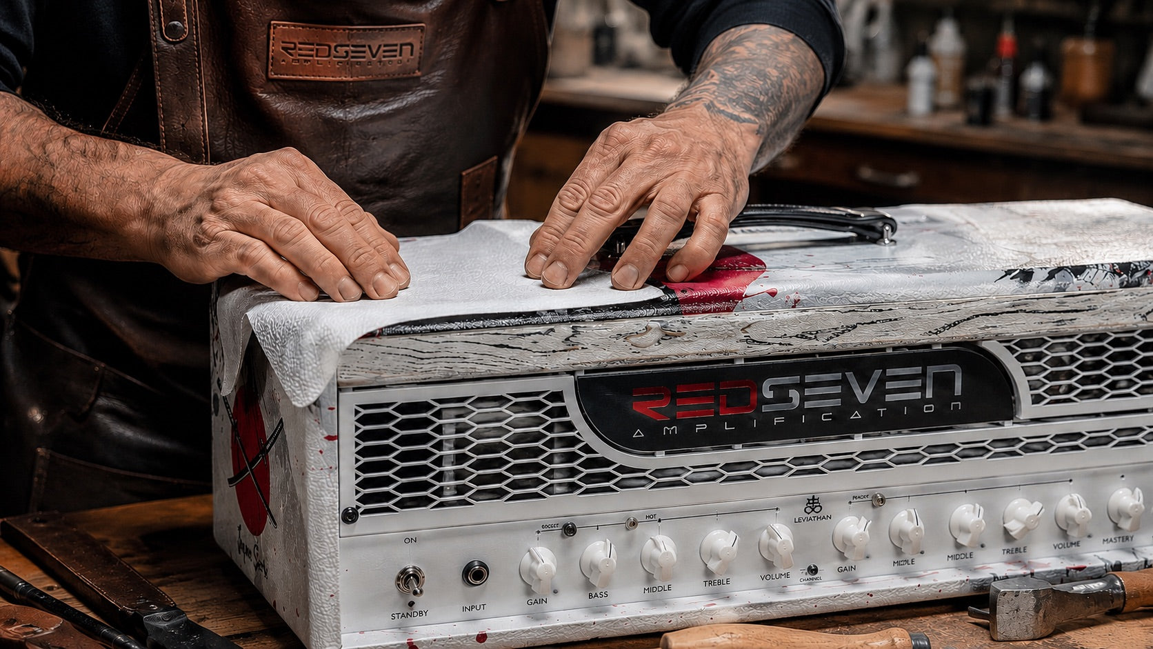 RedSeven artisan handcrafting a Special Edition Leviathan amplifier in Italian workshop