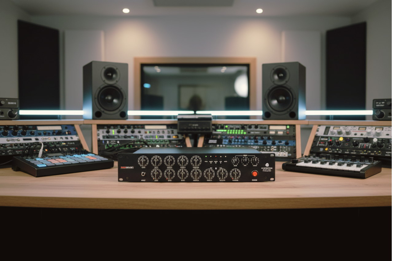 Red Seven D12P Pre Guitar Tube Preamplifier centered on a wooden studio desk, surrounded by other modern audio equipment like studio monitors, synthesizers, and rack gear, in a professional recording studio setting