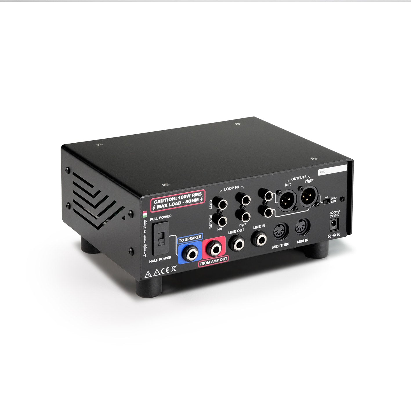 Rear angled view of the RedSeven Amp Central EVO reactive load box showing all I/O connections