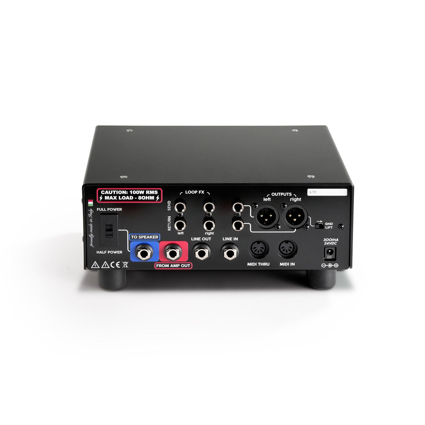 Rear panel of the RedSeven Amp Central EVO showing line out, MIDI, and speaker connections