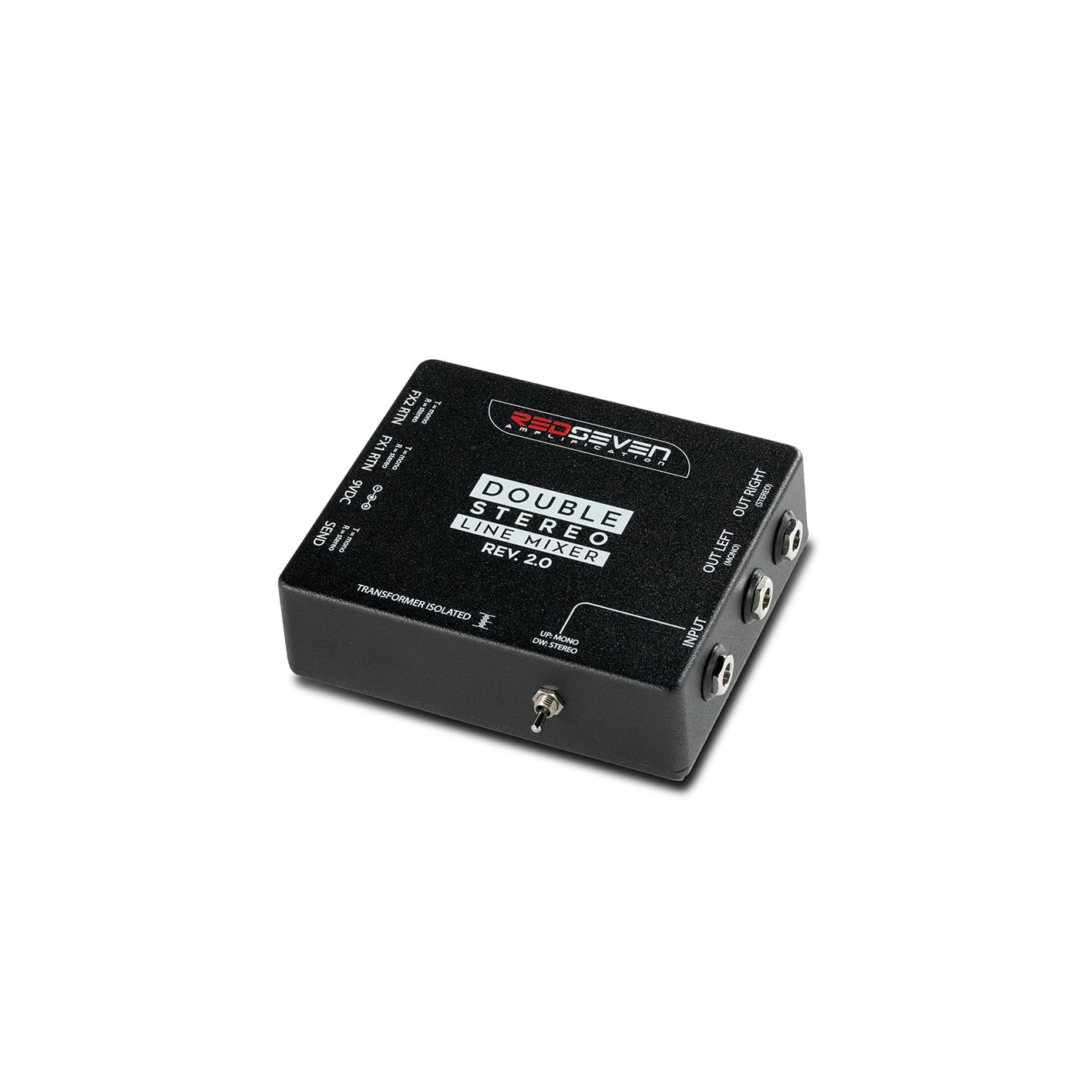 Angled front perspective of the RedSeven Double Stereo Line Mixer Rev. 2.0 displaying I/O ports and control switch