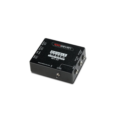 Angled front perspective of the RedSeven Double Stereo Line Mixer Rev. 2.0 displaying I/O ports and control switch