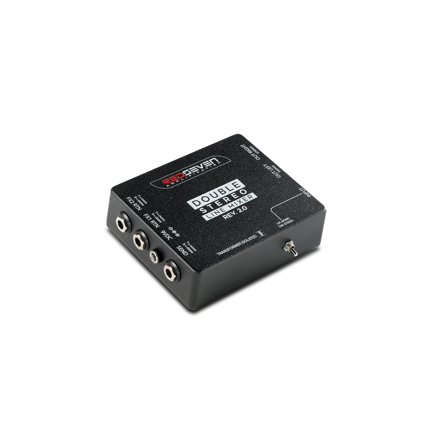 Side view of the RedSeven Double Stereo Line Mixer Rev. 2.0 highlighting input, send/return, and output jacks