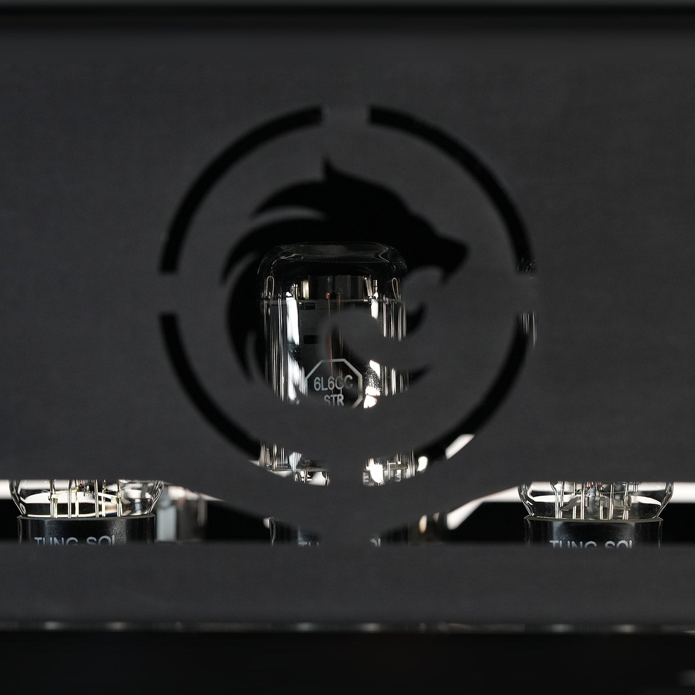 Close-up of power tubes behind RedSeven logo grille on Duality 100 RS
