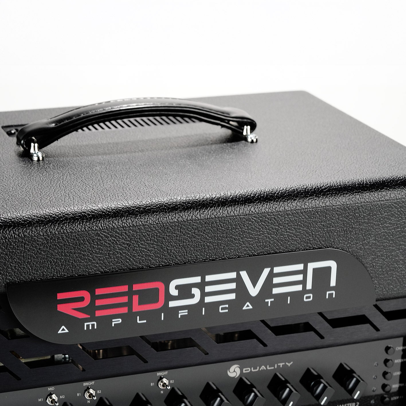 Angled front view of the RedSeven Duality RS tube amplifier head