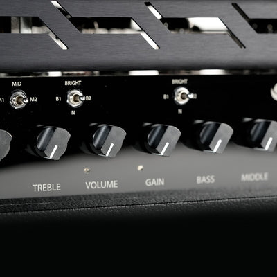 Close-up of channel and mode buttons on the RedSeven Duality RS amp